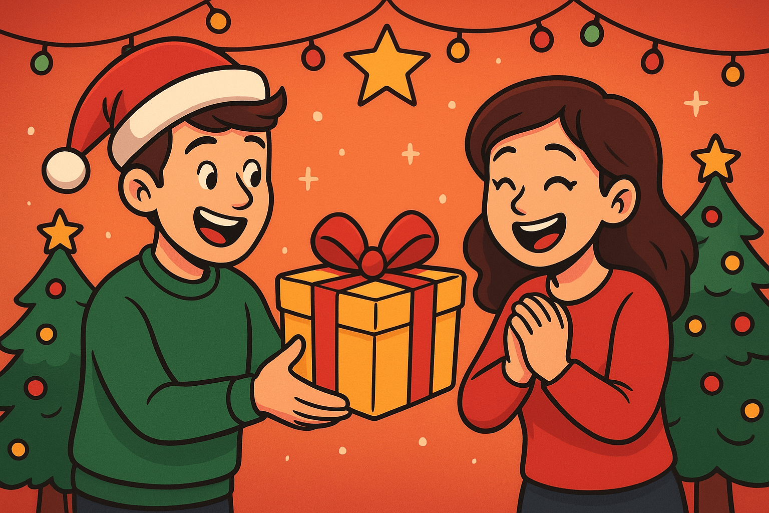 Uma pessoa presenteando a outra durante o natal